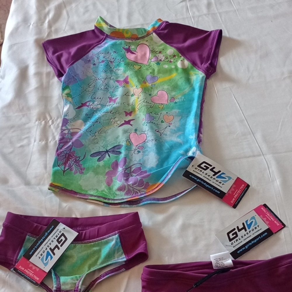 Girls4Sport. Vibrant Purple and Green Rashguard Swim Set Size 6-8;